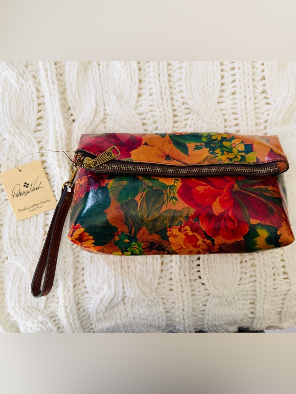 Patricia Nash Floral Leather Wristlet Clutch in Red, Green, Orange 9x9x4 in